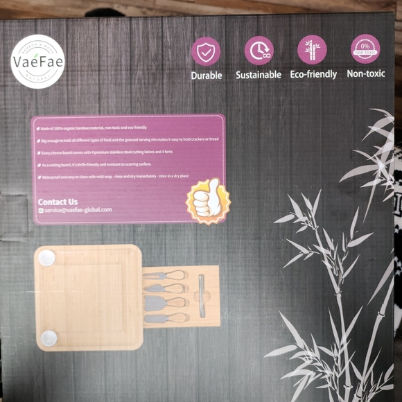 VaéFae Cheese Board, Bamboo Charcuterie Board, w/knives, forks, Ceramic bowls - Picture 2 of 8